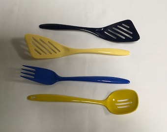 Vintage Melamine  Hutzler   Rosti Home Presence Fork 2830 Yellow Blue Hutzler Slotted Spatula Turner   Flipper Slotted Spoon Your Pick