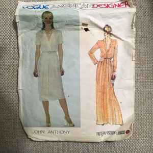 Vogue 2522  Sewing Pattern John Anthony Misses Dress Mid Knee Floor Length Loose Fitting Front Lapped Blouson Bodice Gathered  Pleated 14