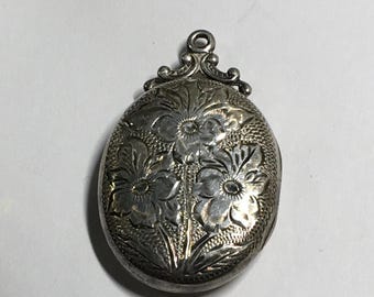 Vintage Sterling Silver Flower Locket Pendant - Engraved Oval Picture Holder