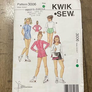 May include: A Kwik Sew sewing pattern for ice skating dresses, pattern 3006, with illustrations of the dresses. The pattern includes sizes 4-5-6-7. The cover features the Kwik Sew logo and the designer's name.