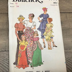 May include: Vintage Butterick sewing pattern, size 12, bust 34 inches. The pattern features illustrations of children's and misses' clothing designs, including dresses and outfits. The pattern includes sizes for children, girls, and misses.