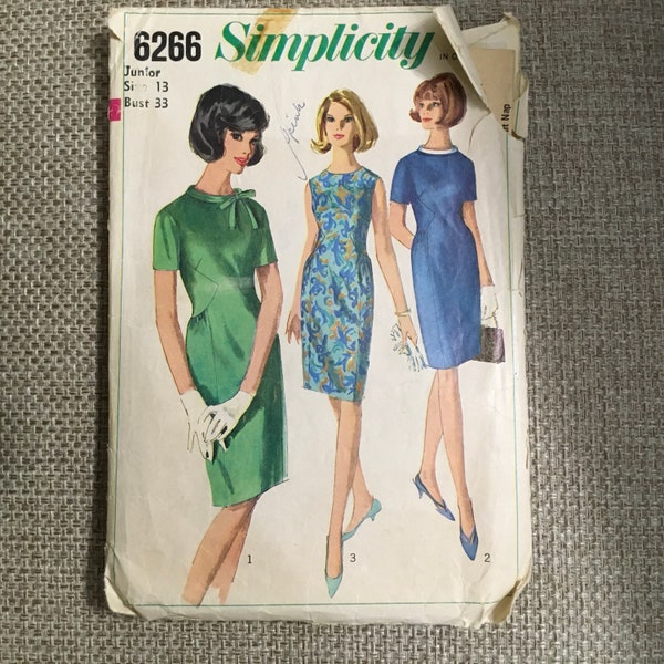 Simplicity 6266 Sewing Pattern Junior Misses One Piece Dress Shaped Side Bodice  Bias Roll Collar Bow Slim Skirt Size 13 Bust 33