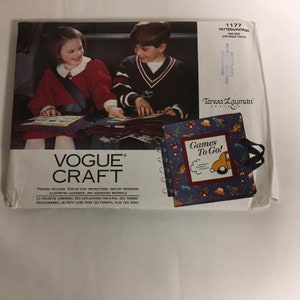 Vogue 1177 Craft Sewing Pattern Games To Go Book & Transfers 14 “ Square Travel Game Book Tic Tac Toe Checkers Licence Plate Game Car Travel
