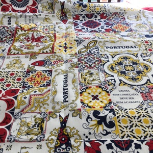 Traditional Portuguese Tile Tablecloth Flowers Fruit Basket  Sardines Windmill Ship  White Red Yellow  Blue  Large Rectangle 94 “ x 58 “