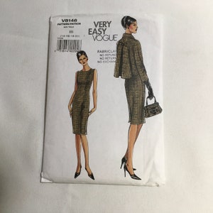 Vogue V8146 Sewing Pattern Petite Jacket And Dress Above Hip Length Jacket Cropped Swing Coat Sheath Dress Collar  MCM Size 14 16 18 20