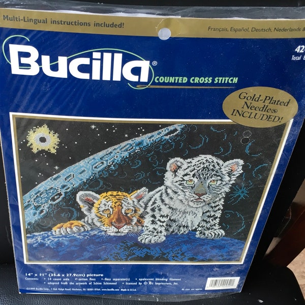 Bucilla Counted Cross Stitch Kit 42452 Total Eclipse Tiger Leopard Big Cat Cubs Adapted From Artwork By Schirm Schimmel 14 x 11 Inch Open