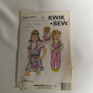 Kwik Sew 1551 Sewing Pattern Girls Jumper Jumpsuit Romper Shirt Dropped Waist Gathered Skirt To Bodice Elastic In Casing Size 8 10 12 14