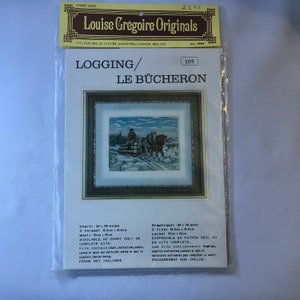 May include: A white card with a brown border and the text "Louise Grégoire Originals" in black. The card is for a cross-stitch pattern of a winter scene with a man in a red coat driving a horse-drawn sled. The title of the pattern is "LOGGING/LE BÜCHERON" and the number 105. The card includes details about the pattern, such as the number of stitches, the size of the finished piece, and the materials needed.