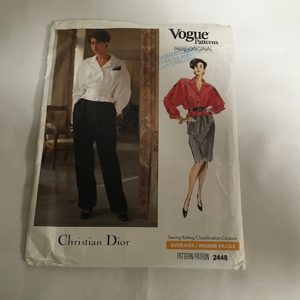 Vogue 2448 Sewing Pattern Christian Dior Misses Jacket Pants Skirt Very Loose Fitting Lined Blouson Jacket Tapered Skirt  Size 6 8 10