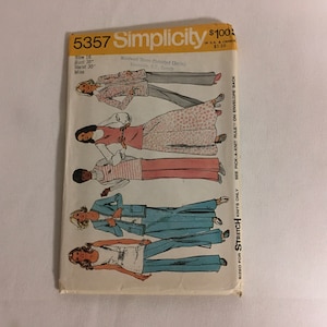 May include: Simplicity sewing pattern number 5357 for a miss size 16, bust 38 inches, waist 30 inches. The pattern includes instructions for a three-piece outfit: a jacket, a top, and pants or a skirt. The pattern is sized for stretch knits only.