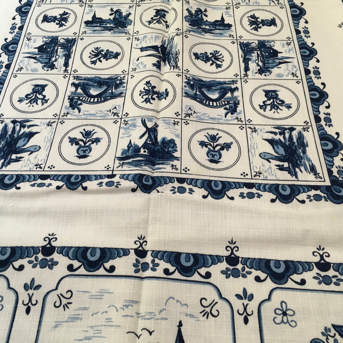 Vintage Blue Delft Dutch Tablecloth Sailboat Ship Windmill Etsy