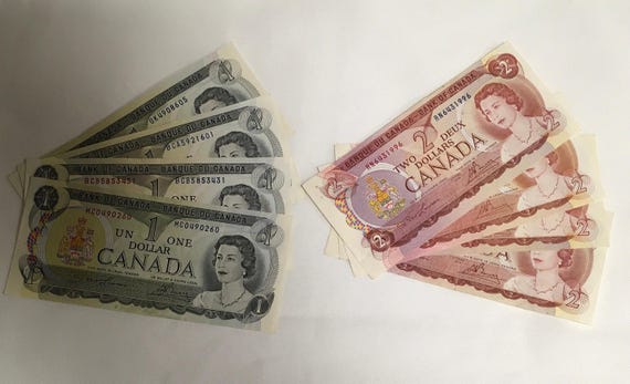 カナダ銀行 1973年 1ドル紙幣 4枚 & 1974年 2ドル紙幣 4枚 ロット