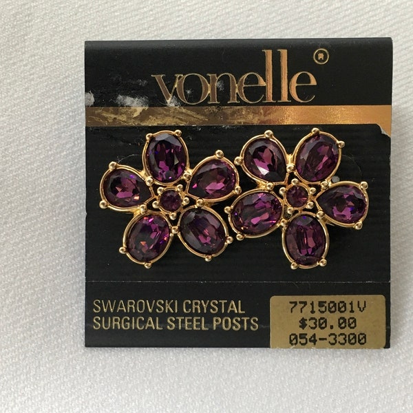 Vintage Vonelle Earrings Swarovski Crystal Surgical Steel Posts Purple Floral Flower Gold Tone Color Mothers Day Gift For Mom