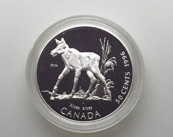 Canada 1996 50 Cents Sterling Silver Coin Moose Calf Little Wild Ones Gift  Nature Baby Animal  Queen Elizabeth Coin Stocking Stuffer
