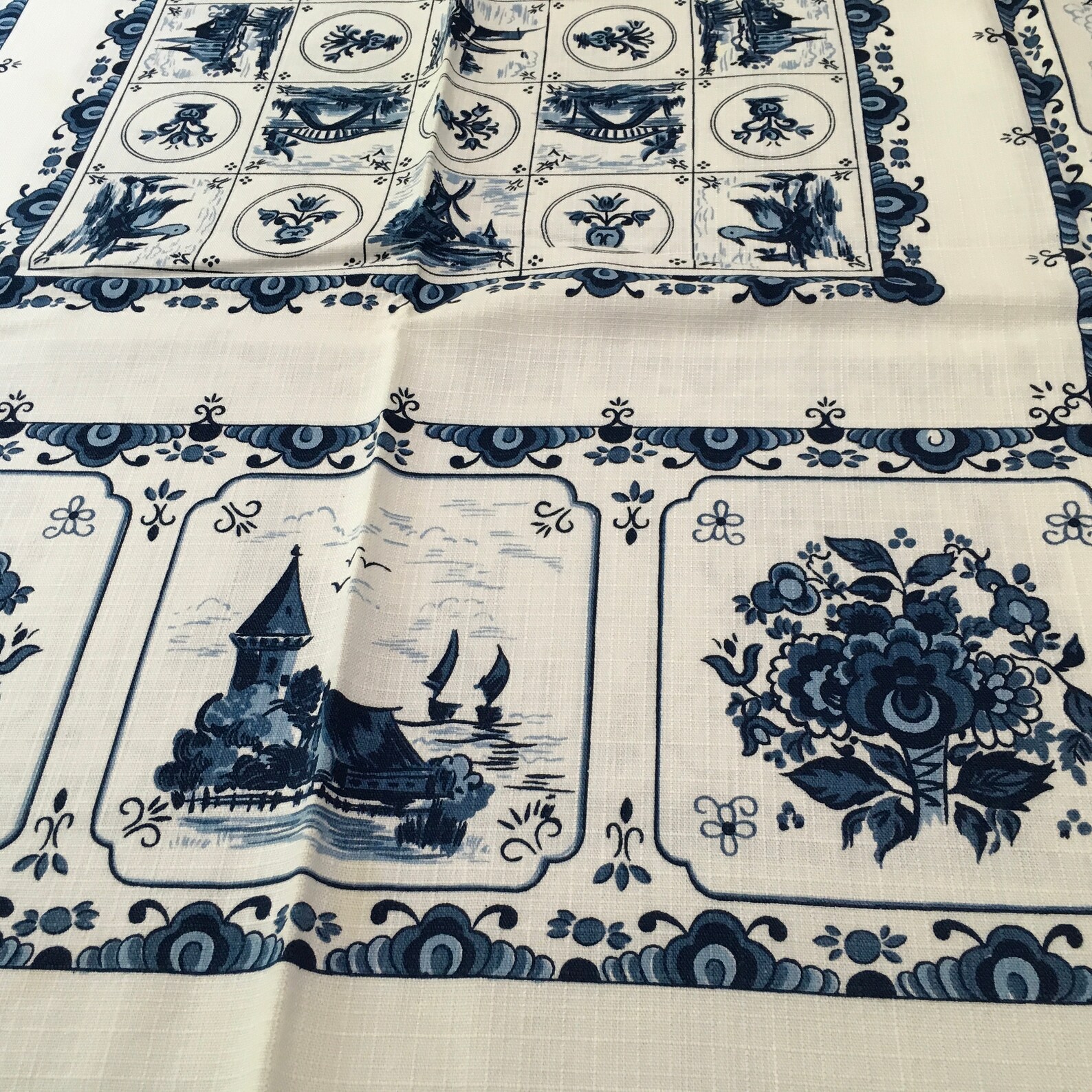 Vintage Blue Delft Dutch Tablecloth Sailboat Ship Windmill Etsy