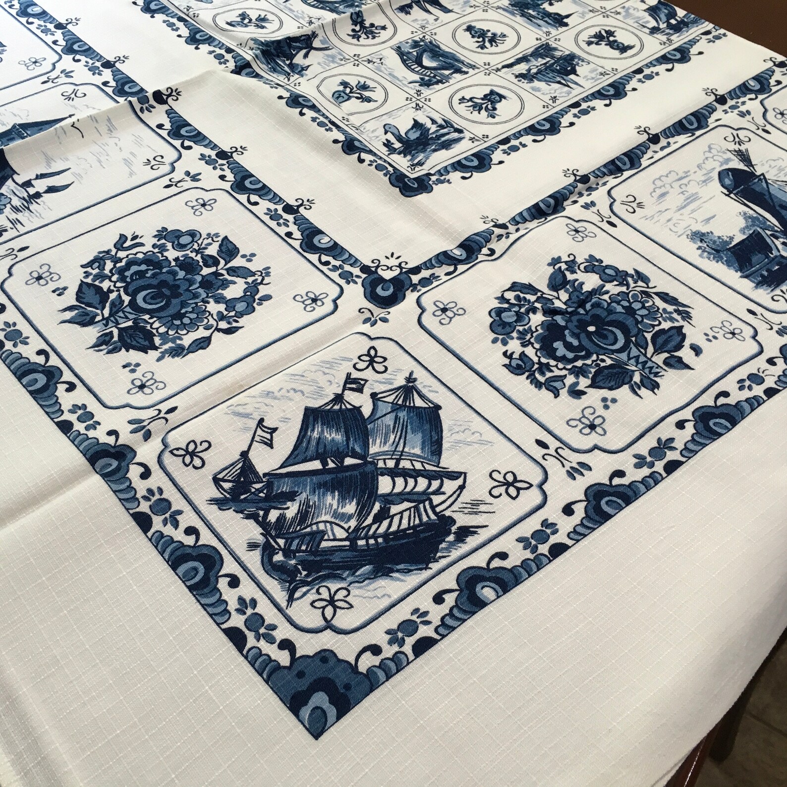 Vintage Blue Delft Dutch Tablecloth Sailboat Ship Windmill Etsy