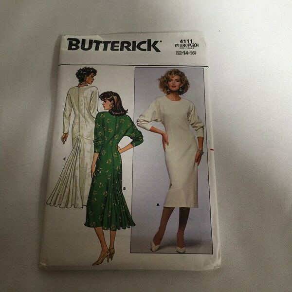 Butterick 4112 Dress Semi Fitted Straight Dress Gown Pleated Back Fishtail Hemline Raised Front Waist Back Zipper Long Sleeve Size 12 14 16