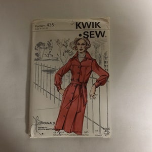 May include: A vintage sewing pattern for a dress, featuring a woman wearing a red dress with a belt and a collared shirt. The pattern is labeled "Kwik Sew" and "Originals" and is for sizes 8-10-12. The pattern is priced at $2.00 in US dollars and $2.25 in Canadian dollars.