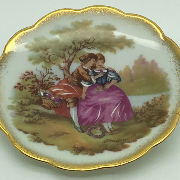Limoges France Fragonard  Courting Couple Miniature Plate Brooch  Pin  Romantic Hand Painted  Gift For Mom  Mother‘s Day Anniversary Gift