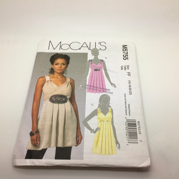 McCalls M5755 Sewing Pattern Misses Empire Waist  Tunic Fitted Self Lined Bodice Shoulder Strapses Pleated Lower Section Size 16 18 20 22