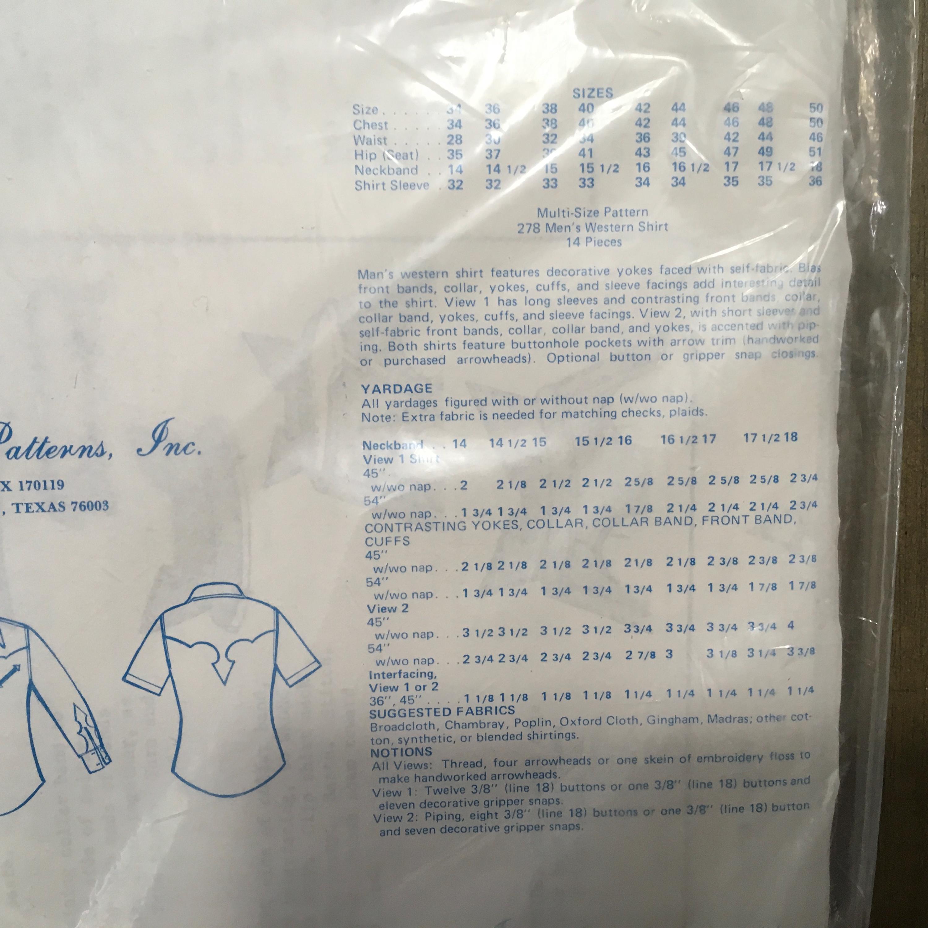 Authentic Patterns Inc 278 Sewing Pattern Men’s Western Shirt ...