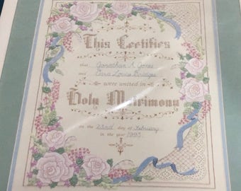 Sunset Dimensions Crewel 11067 Holy Matrimony Wedding Record Kit  Pink Roses Blue Ribbons Letter Style Gold Accents Family Heirloom