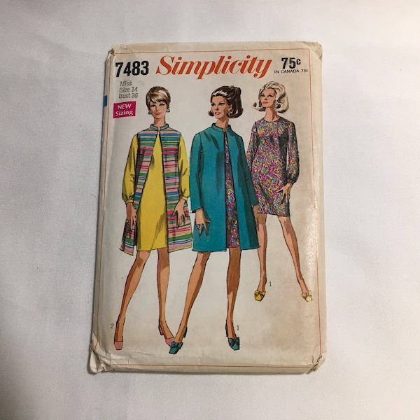 Simplicity 7483 Sewing Pattern Misses Coat Sleeveless Coat Dress Collarless Dress  Back Zipper Lined Coat Dress Coat Size 14  Bust 36