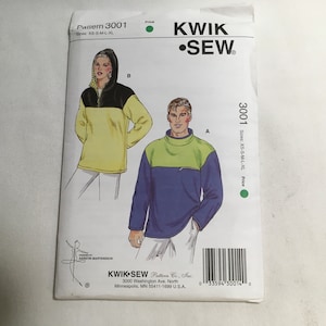 May include: Sewing pattern for a pullover sweater with a zip. The pattern is for sizes XS-S-M-L-XL. The pattern is from Kwik Sew Pattern Co., Inc. and is number 3001.