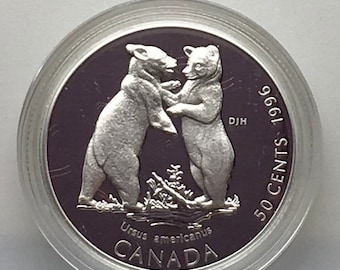 Canada 1996 Black Bear Cubs 50 Cents Proof Sterling Silver Little Wild Ones Queen Elizabeth  Coin RCM Royal Canadian Mint Stocking Stuffer