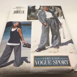 May include: Vogue Sport sewing pattern #8951 for a very easy to make top and pants. The pattern shows two models wearing the outfit on a beach. The top is a sleeveless tank top and the pants are wide-legged and flowy.