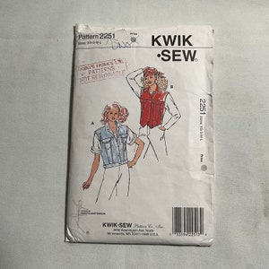 May include: A sewing pattern for a denim vest with short sleeves. The pattern is for sizes XS-S-M-L and is from Kwik-Sew Pattern Co., Inc. The pattern is printed on white paper with black text and illustrations.
