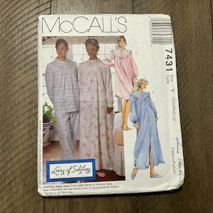 McCall’s Sewing Pattern 7431 Misses   Robe Nightgown Pajama  Top Pull On Pj Pants Nightshirt Loose Fitting Modest Decent  Size S M L