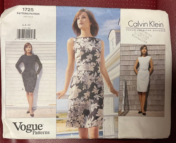 Vogue Calvin Klein 1725 Dress & Belt Lined Dress Above Mid-Knee  Fitted Bodice Back Zipper A Line Skirt Back Vent Size 6 8 10