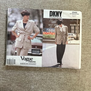 May include: A sewing pattern for a blazer and pants by DKNY, Vogue Patterns, American Designer. The pattern number is 2542 and the size is 6-8-10.