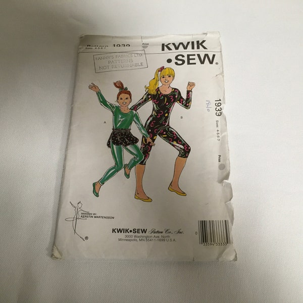 Kwik Sew 1939  Sewing Pattern Girl’s Unitard Skirt Scoop Neckline  Dance Jazz Ballet  Ice Skating Gymnastics Outfit Dress Top Size 4 5 6 7