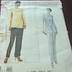 May include: A sewing pattern for a suit by Carolina Herrera, a Vogue American designer. The pattern includes a jacket and pants.
