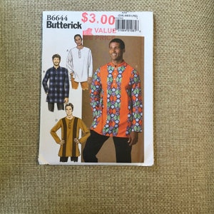 Butterick B6644 Men‘s Shirt Tunic Loose Fitting Shirt Front Button Placket Long Sleeve Side Slits Stitched Hems Size S M L 34 36 38 40 42 44