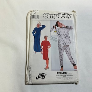May include: Simplicity sewing pattern number 354, size LG, for a long nightgown or a long-sleeved top and trousers. The pattern is for use with an overlock/serger machine. The pattern is printed on white paper with black text and illustrations.