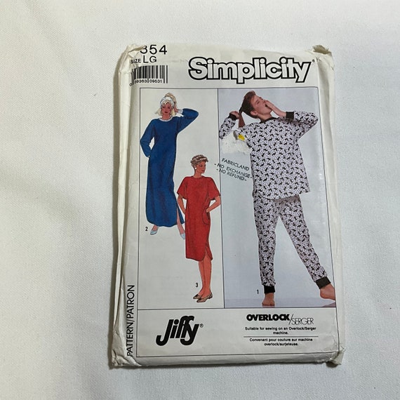 Simplicity 9354 Sewing Pattern Misses  Nightgown Two Lengths Pajamas Extended Shoulder Shirt Tail Hem Ribbed Knit Cuffs Size Large 18 20