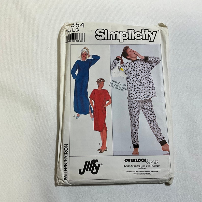 May include: Simplicity sewing pattern number 354, size LG, for a long nightgown or a long-sleeved top and trousers. The pattern is for use with an overlock/serger machine. The pattern is printed on white paper with black text and illustrations.