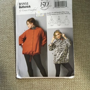 May include: A sewing pattern for a hooded jacket with a modern fit. The pattern is for sizes ready-to-wear. The pattern is from Butterick and is designed by Connie Crawford. The pattern includes two different styles of jackets, one in a solid color and one in a zebra print.
