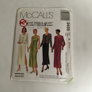 May include: McCall's sewing pattern number 9459 for a dress and jacket. The pattern is for sizes 8, 10, and 12. The pattern is called "3 Hour Dress & Jacket* La Robe et Veste en 3 Heures*" and is petite-able and cut-to-fit.