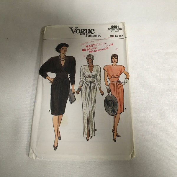 Vogue 9651 Sewing Pattern Dress Below Mid-Knee Evening Length Pleated Gathered Bodice Inset Plunge Neckline Batwing Size 12 14 16