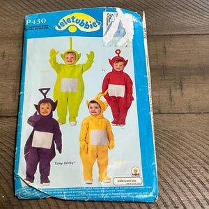 Butterick P430/6292 Teletubbies Naaipatroon Dipsy Tinky-Winky Po Laa-Laa Babykostuum Jumpsuit Kap Antenne Maat (S-L)