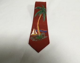 Vintage Hand Painted Tie Swing Rockabilly Penney’s Towncraft Sailboat Sailing Boat Sailing Ship Red Brown Nautical Made In California USA