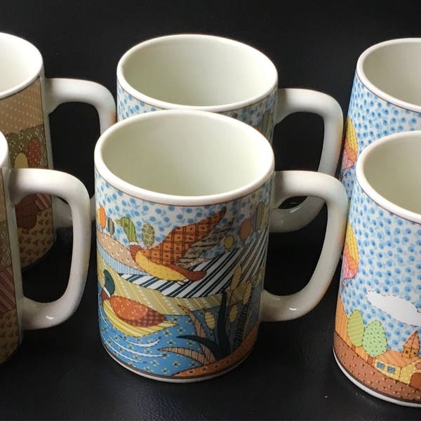 Otagiri Japan Patchwork Quilt  Coffee Mugs Lot of 2 Rooster Geese Or Hot Air Balloon Or Ducks Lake 80s Country  Cottage Rustic Your Pick
