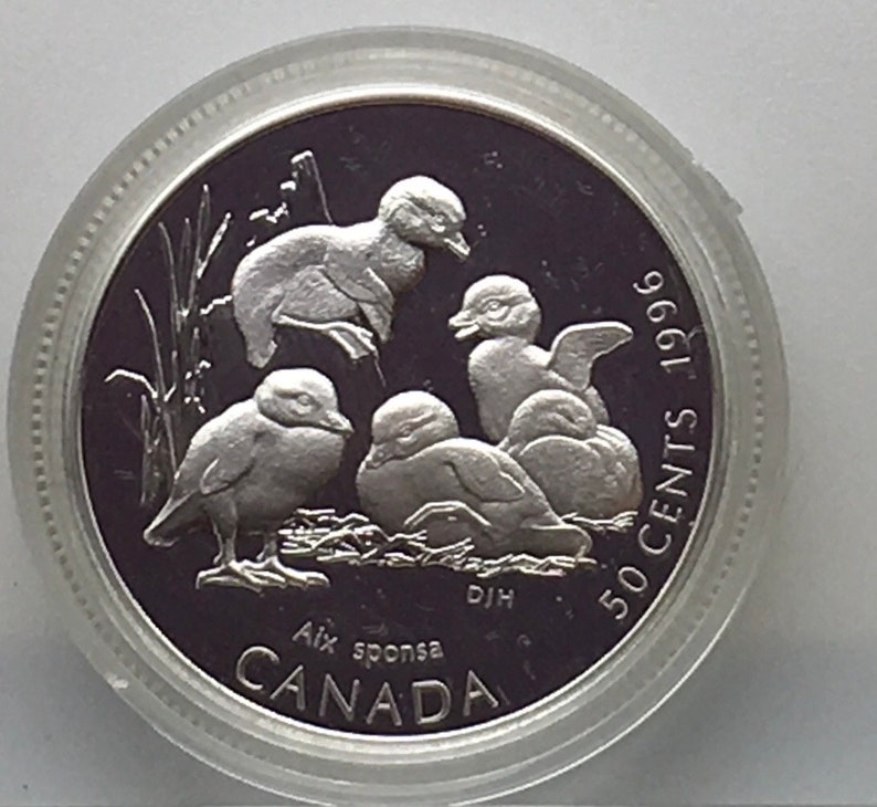 May include: A silver Canadian 50 cent coin from 1996 featuring a design of four ducklings. The coin has the text "50 CENTS 1996" on the right side and "CANADA" on the bottom. The coin also has the text "Aix sponsa" and "DJH" on the bottom.