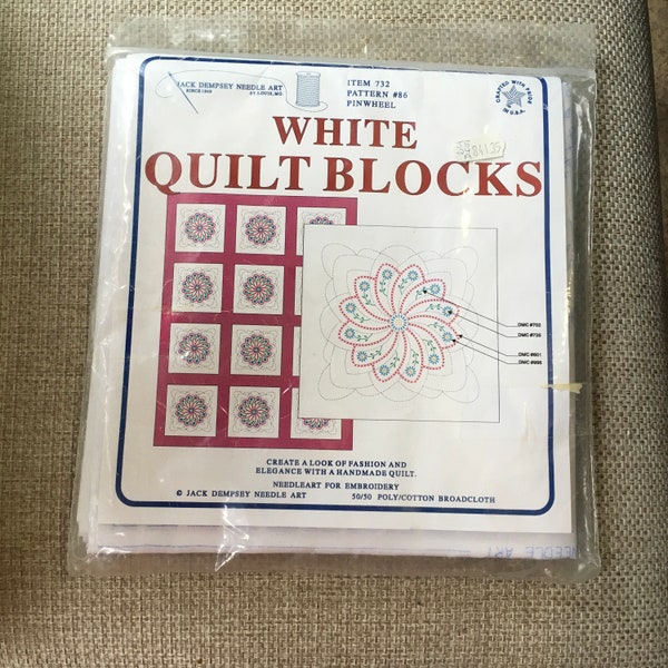 Jack Dempsey Needle Art  White Quilt Blocks Item 732 Pattern 86 Pinwheel  Quilt Blocks Girls Sunbonnet Stamped For Embroidery 18” x 18”