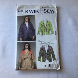 May include: A Kwik Sew sewing pattern packet, number 3666, featuring a woman wearing a jacket. The packet includes illustrations of the jacket design and the text "WOMEN'S 1X-2X-3X-4X". The packet is white with a woman's image on the front.