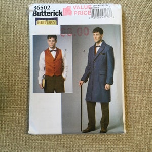 May include: A vintage sewing pattern for a men's vest and coat. The pattern is from the Butterick Making History collection and is for sizes 38-40-42-44. The pattern shows a man wearing a brown vest with a white shirt and a bow tie, and a dark blue coat with a white shirt and a bow tie.